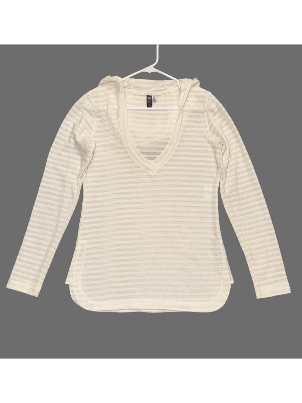 Ibex Women’s M Merino Wool Hooded V-Neck Top Tonal Shadow Stripe Ivory Cream USA